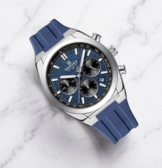 Men’s Sporty Watch Date Chronograph Blue Dial Silver Case Blue Silicone Strap