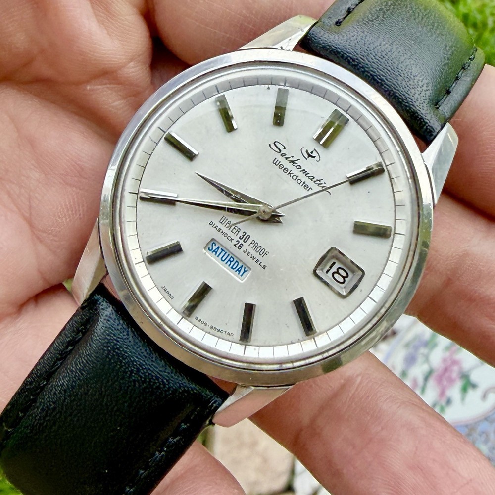 VTG! Seikomatic Weekdater Day Date Diashock 26 Jewels 6206-8990 Stainless Steel