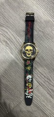 ED HARDY Men’s Watch Gold And Black Skull Roses Statement On Silicone Sport Band