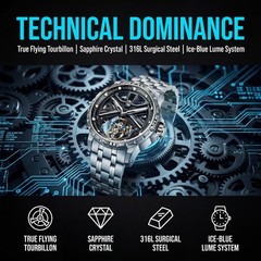 Men’s Genuine Flying Tourbillon Watch, Manual Winding Only, 42mm 316L Steel