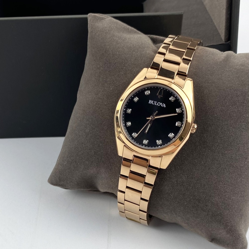 Bulova Surveyor 97P156 Womens Quartz Watch Grey Dial Rose Gold Diamond Stainless