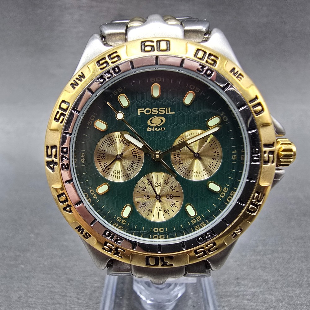 Fossil Blue Watch Men 40mm Green Dial Two Tone Daydate BQ-8776 New Battery