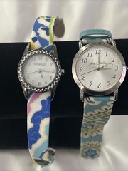 VERA BRADLEY Lot (2) Signed Watch Women’s Floral Band Silver Tone Rhinestone VTG