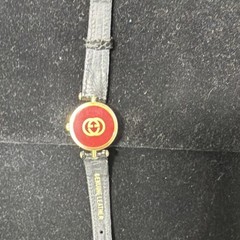 Gucci Quartz Unisex Wristwatch Green Red Dial Black Leather Strap Gold Case