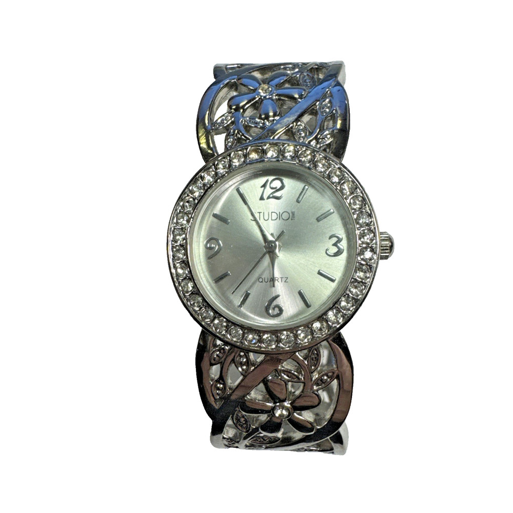 Studio Time Watch Women Open Cuff New Battery ICED OUT Silver Floral Flowers