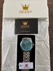 OLEVS Men’s Watch 5513 Quartz Diamond Accent Light Blue Dial Day Date Silver New