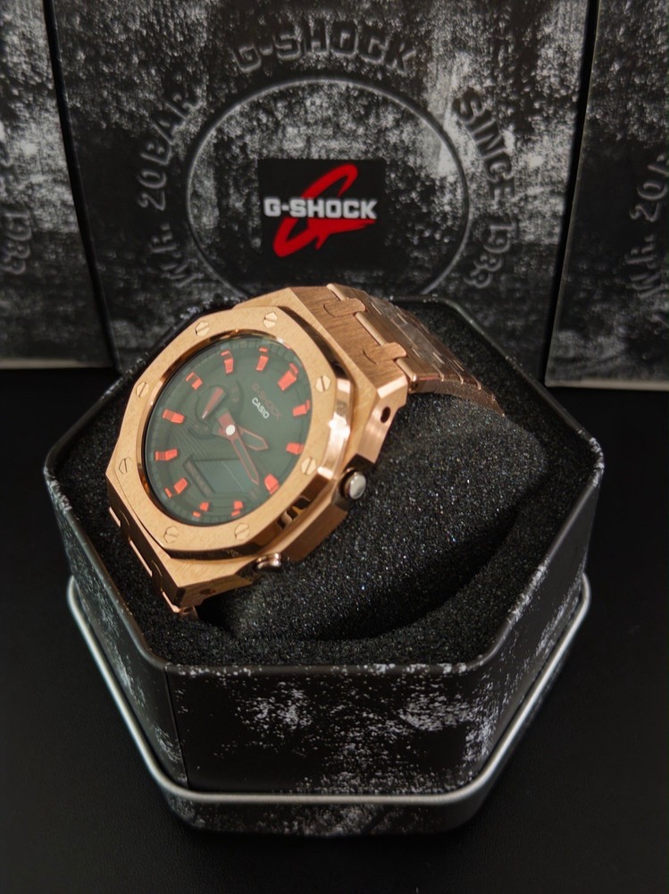 Casio GA-2100 G-Shock Watch – Sandblasted Gold Rose Case Mod – Black Dial