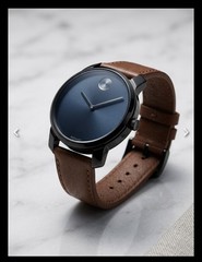 Movado Bold Men’s Watch 3600585 Blue Dial Brown Leather Strap Excellent Conditio