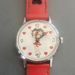 Betty Boop Hearts Dial Quartz Analog Watch Red Leather Strap Silver Case