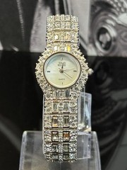 Nolan Miller Glamour Baguette Crystal Watch Running Mother of Pearl Dial Vintage