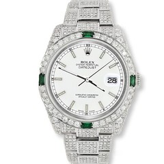 Rolex Datejust 36mm 12.4CT Diamond/Emerald Watch With White Dial Box Papers