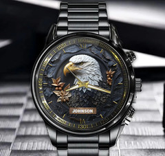 Personalized Eagle Black Stainless Steel Watch Patriotic Gift