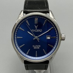 VinceroKairos Mens Watch 42mm Blue Dial Silver Tone Date Leather New Battery