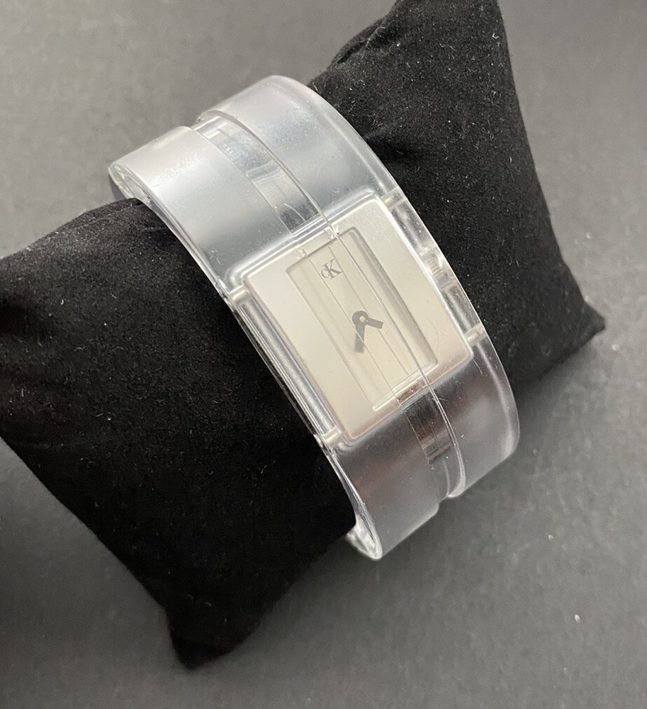 Calvin Klein Clear Plexiglass Watch Hinged Rectangle Face D10