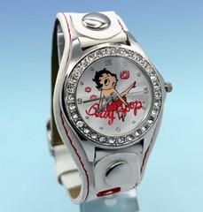 BETTY BOOP Silver-Tone Crystal Accent Watch with White Leatherette Cuff Band
