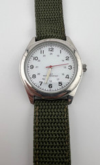 Field/Military Style Quartz Watch, Japan Mvt, Green Nylon Strap, 24Hr Dial-Runs!