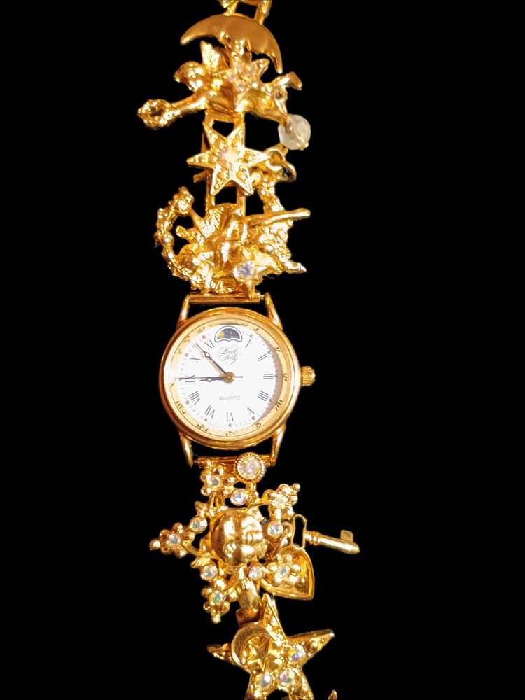 Kirks Folly Celsetial Charm Moon Stars Women’s Gold Tone Charm Bracelet Watch