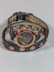 NYC Round Gold Tone Case Studded Gray Faux Leather Wrap Bracelet Band Watch 16″