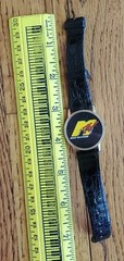 Vntg 90s MTV Watch Logo Yellow Red Reptile Pattern Black Leather Band Gold Case