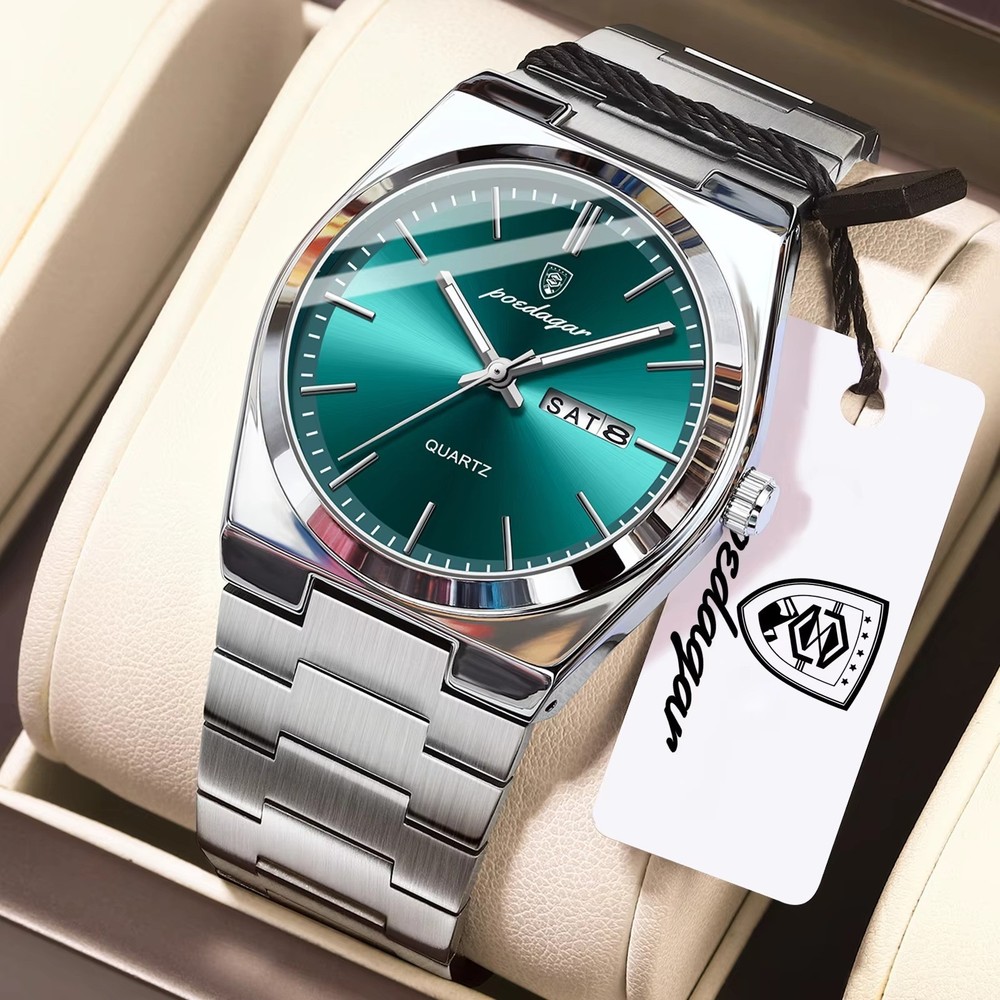 POEDAGAR Men’s Quartz Watch Stainless Steel Luminous Date 30M Waterproof