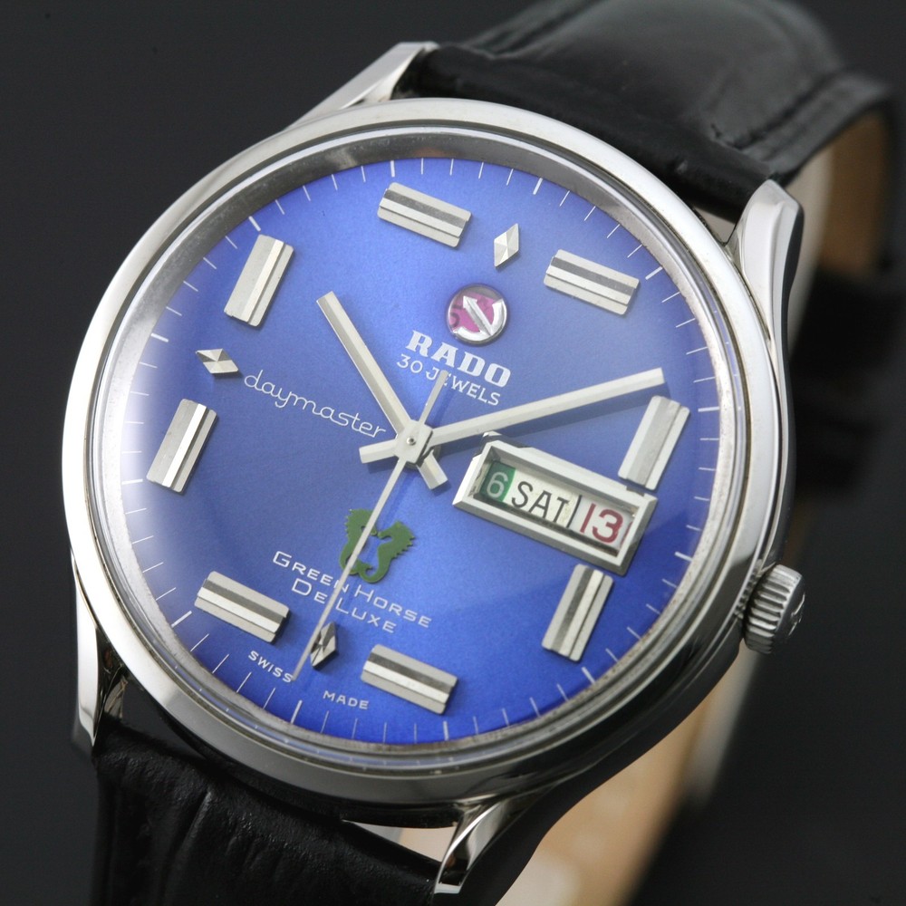 VINTAGE RADO GREEN HORSE DELUXE 30 JEWELS DAYMASTER 38mm JUMBO SIZE MEN`S WATCH