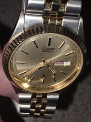 Vtg Citizens Two Tone Stainless Steel CQ President 6100 ECO Day Date Watch w/Box