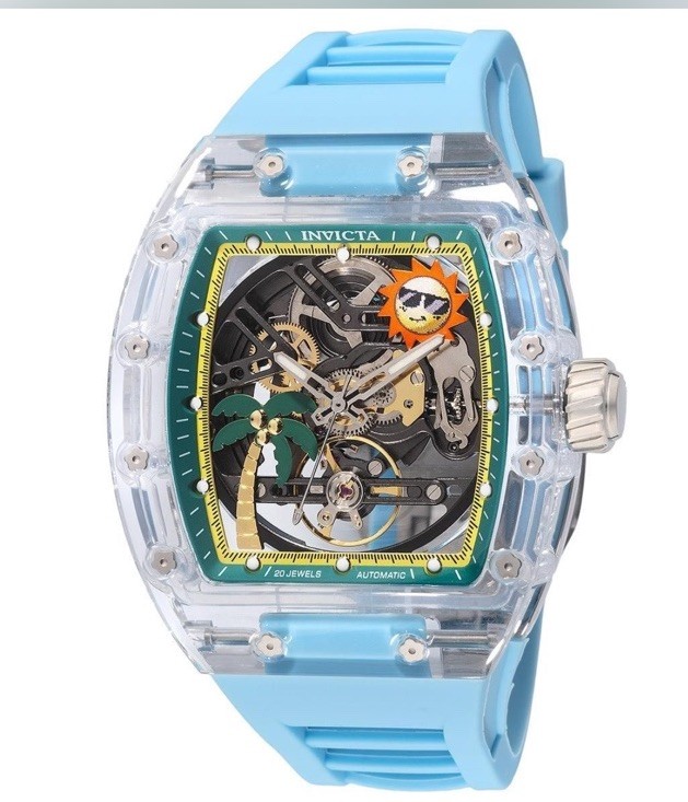 Invicta Artist Automatic Skeleton Tonneau Watch 44mm Clear Case Blue Strap