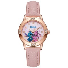 Stich & Angel Inspired Crystal Cartoon Character Pink Band Wrist Watch For Kids