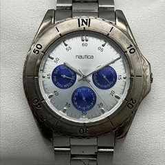 Nautica N00504G Mens Watch 40mm Silver Tone Blue Subdials 50M New Battery 8″
