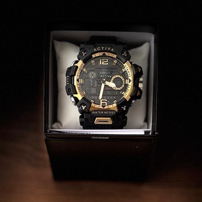 ACTIVA Men’s Analog-Digital Quartz Water-Resistant Black/Gold Sport Watch Box