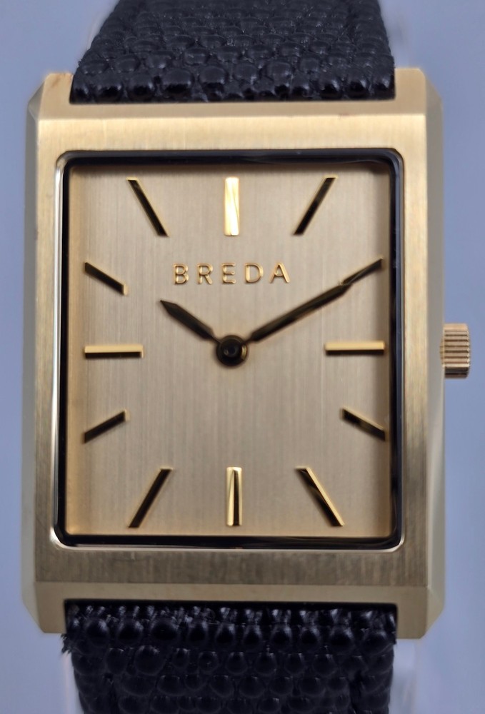 BREDA Virgil Gold Tone Tank Watch Black Leather Strap Unworn Minimalist Design