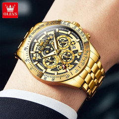 OLEVS Gold Skeleton Men’s Quartz Watch Stainless Steel Waterproof Luminous
