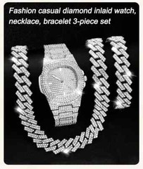 Hip Hop Luxury Watch & Iced Cuban Chain Simulated Diamond Necklace Bracelet set