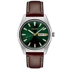 Seiko Essentials SUR449 40mm Green Sunburst Dial Brown Leather Strap Day/Date