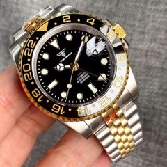 40mm Tandorio Black dial Japan NH34A GMT Automatic Mens Watch Yellow golden case