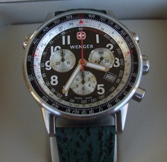 WENGER Swiss Army Mens COMMANDO CHRONOGRAPH~Rare Silver/Black Pilot Version~42mm
