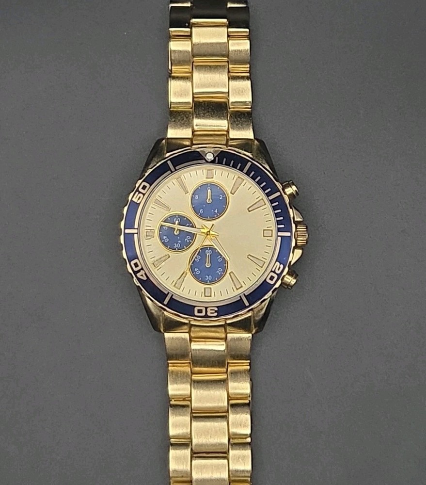 VTG Accutime 47mm All SS Gold Tone Japan Quartz Watch Rotating Bezel New Battery
