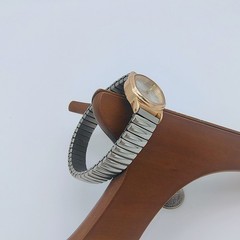 Silvertone Stretch Band Copper Tone Bezel Case Silver Dial Watch NEW BATTERY