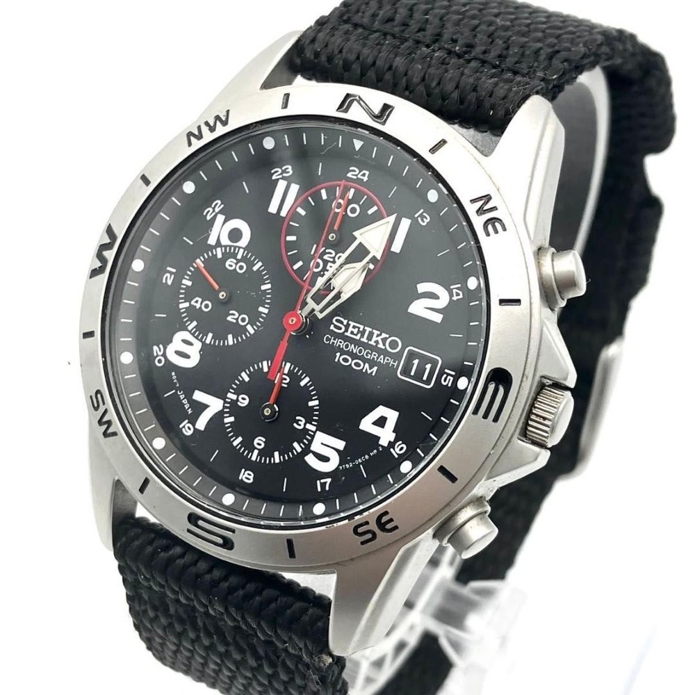 Seiko Chronograph 100M Watch Black Dial Compass Bezel Battery Replaced