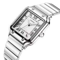 SINOBI Quartz Analogue Square Wristwatch White Roman Dial Silver SS Bracelet