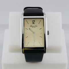 Kenneth Cole Beige Dial Silver Case Black Leather Rectangle Men Dress Watch (79)