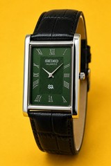 Vintage Refurbished Seiko Quartz Rectangular Green Dial Black Faux Leather Strap