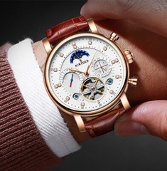 Mens Automatic Mechanical Watch Date Day Rose Gold White Brown Leather Strap
