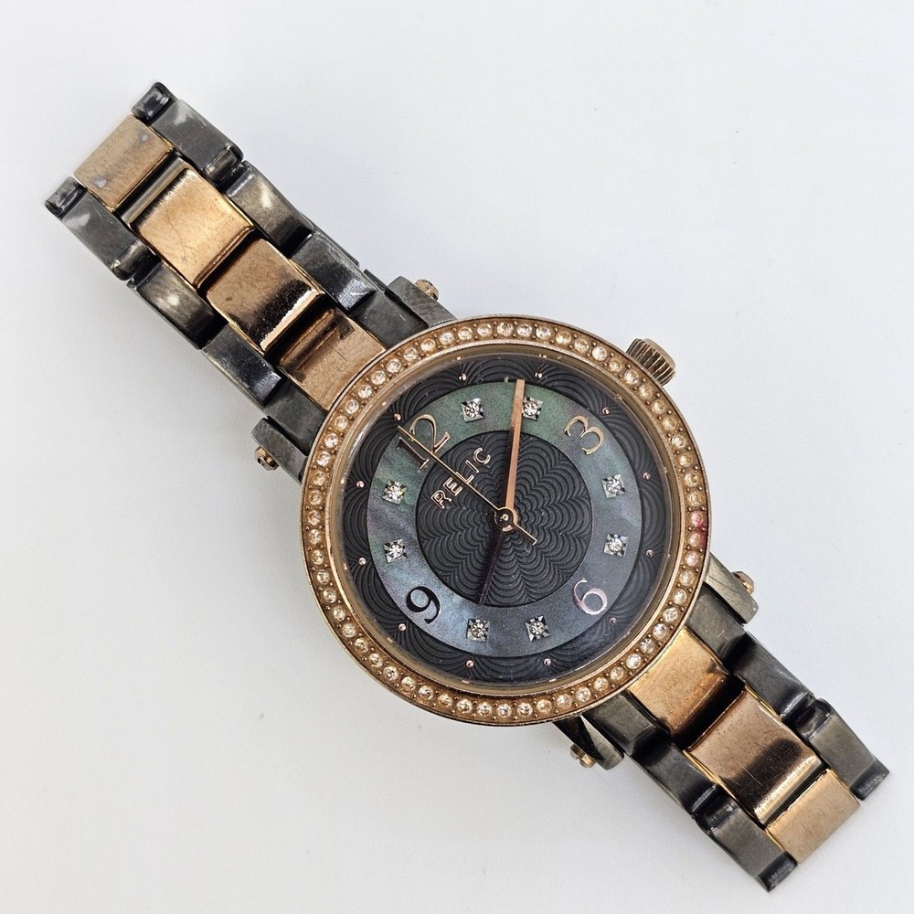 Relic Women’s Watch 32MM Multicolor Dial Gold Black Bracelet 5.5″ New Battery