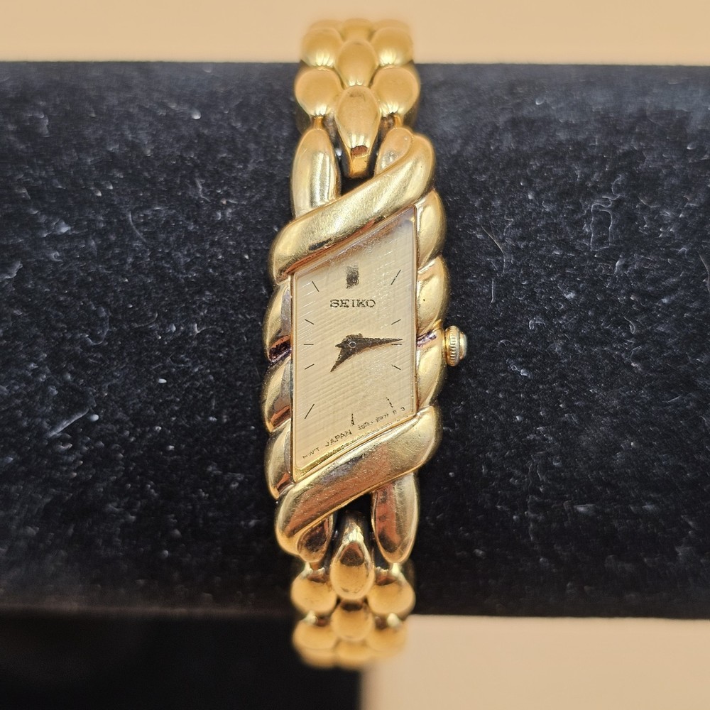 Vintage Seiko Women 2E20-7329 Dress Gold Dial Asymmetrical Quartz Watch 7 1/4″