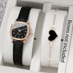 2pcs Watch Bracelet Set Ladies Women Girls Fashion Leather Strap Wristwatch Gift