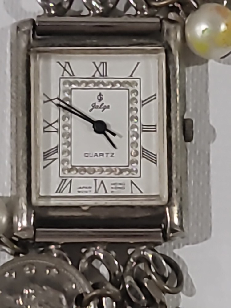 Jalga Charm Bracelet Watch Silver Tone Coins & White Pearls Japan Hong Kong Dial