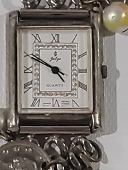 Jalga Charm Bracelet Watch Silver Tone Coins & White Pearls Japan Hong Kong Dial