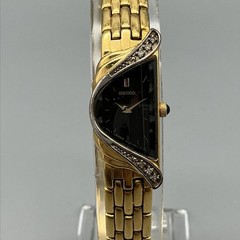 Seiko Womens Watch 14mm Black Dial Gold Tone Gemmed 2E20-7309 New Battery 7.5″