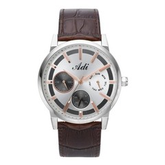 Adi Men’s Multifunction Analog Waterproof Silver Dial Watch Brown Leather Strap